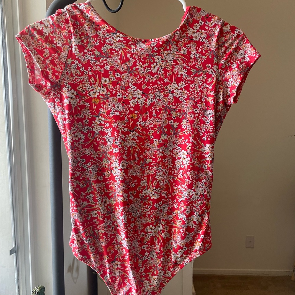 Red and White Asymmetrical Cap Sleeve Bodysuit
